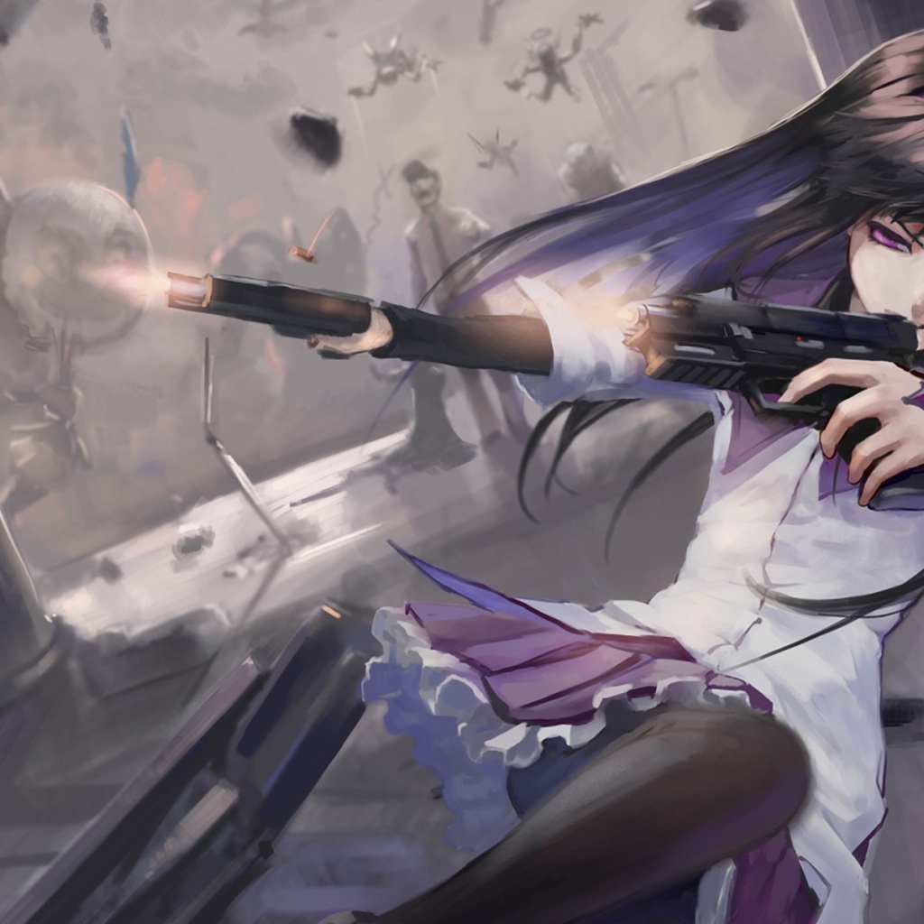 Девушка стреляет из пистолетов, аниме Девочка-волшебница Мадока