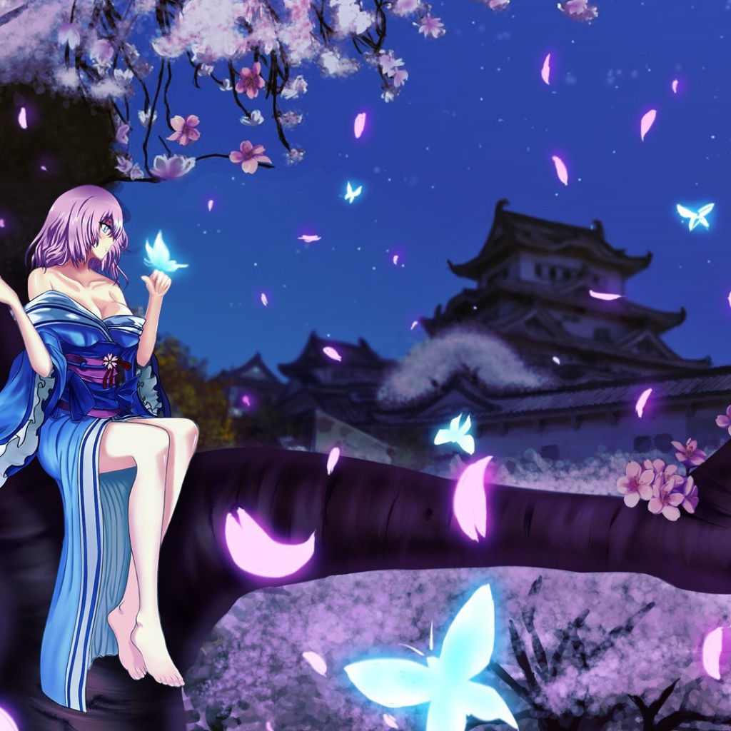 Девушка сидит на дереве в аниме Saigyouji Yuyuko