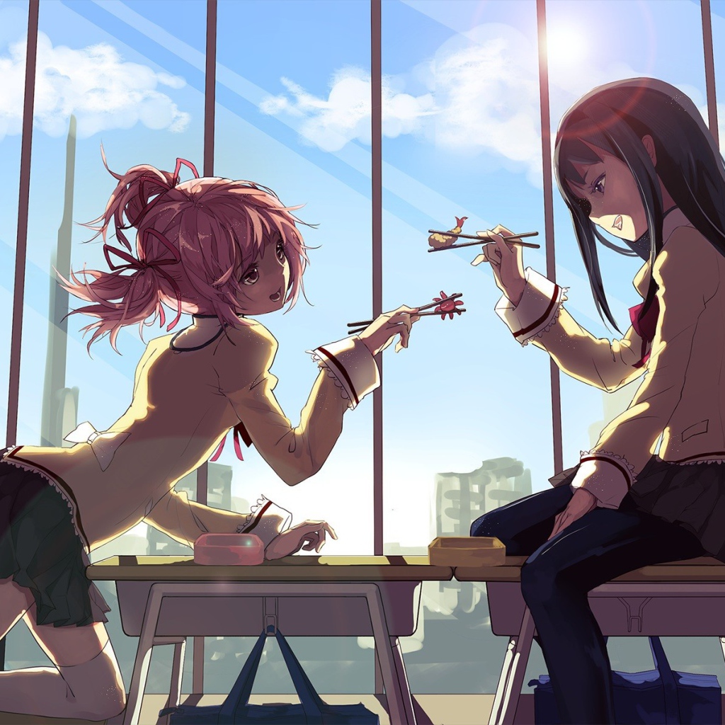 Девушки кушают свой обед, Девочка-волшебница Мадока