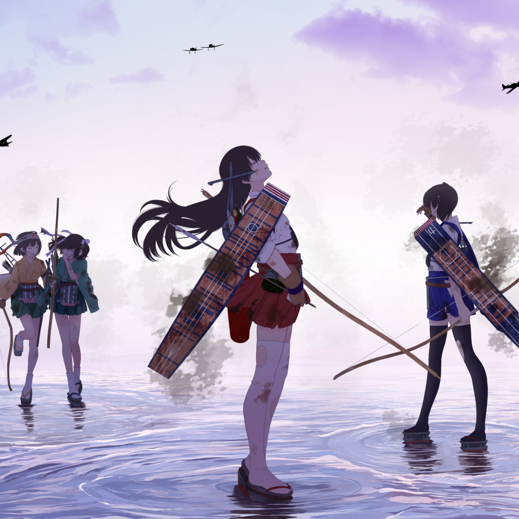 Девушки идут по воде в аниме Kantai Collection