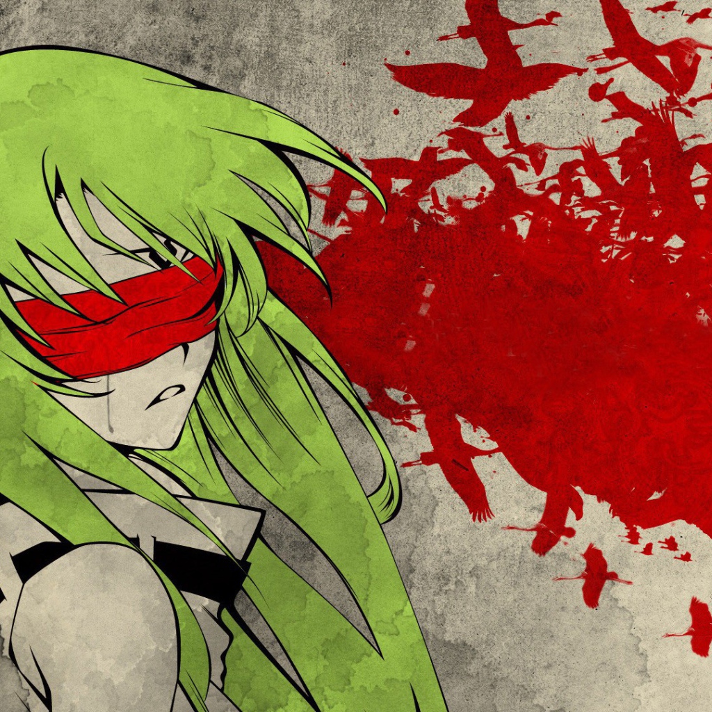 Зеленоволосая девушка с красной повязкой на глазах, аниме Code Geass