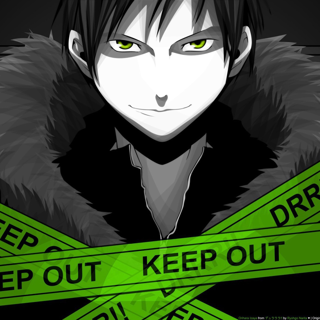 Герой аниме Дюрарара!! позади полицейских ленточек