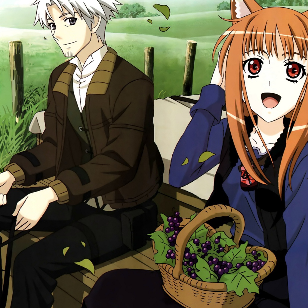 Влюбленная пара сидит на скамье в аниме Волчица и пряности