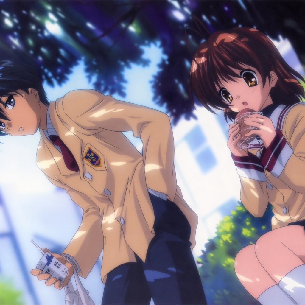 Парень и девушка под деревом в аниме Кланнад