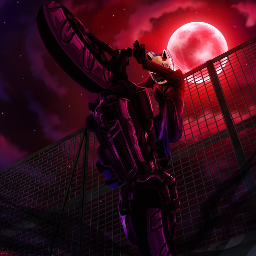 Мотоциклист на фоне красной луны в аниме