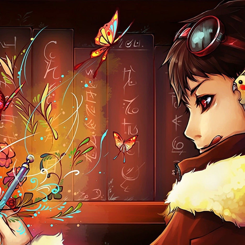 Попугай на плече аниме девушки