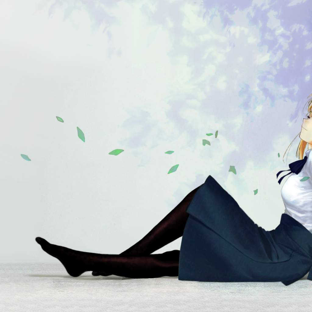 Рыжая девушка села на пол отдохнуть, аниме Ночь прибытия