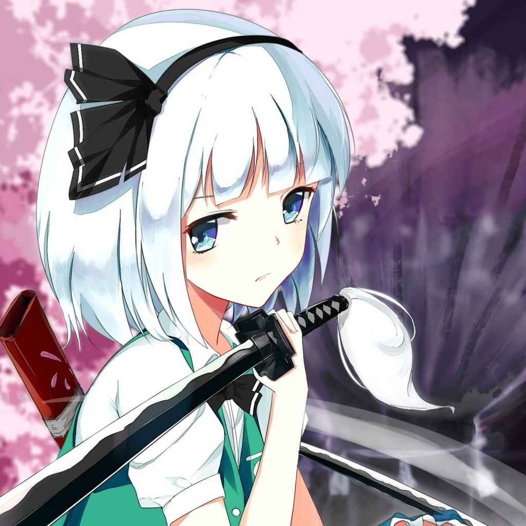 Грустная аниме девушка Konpaku Youmu с мечом на плече