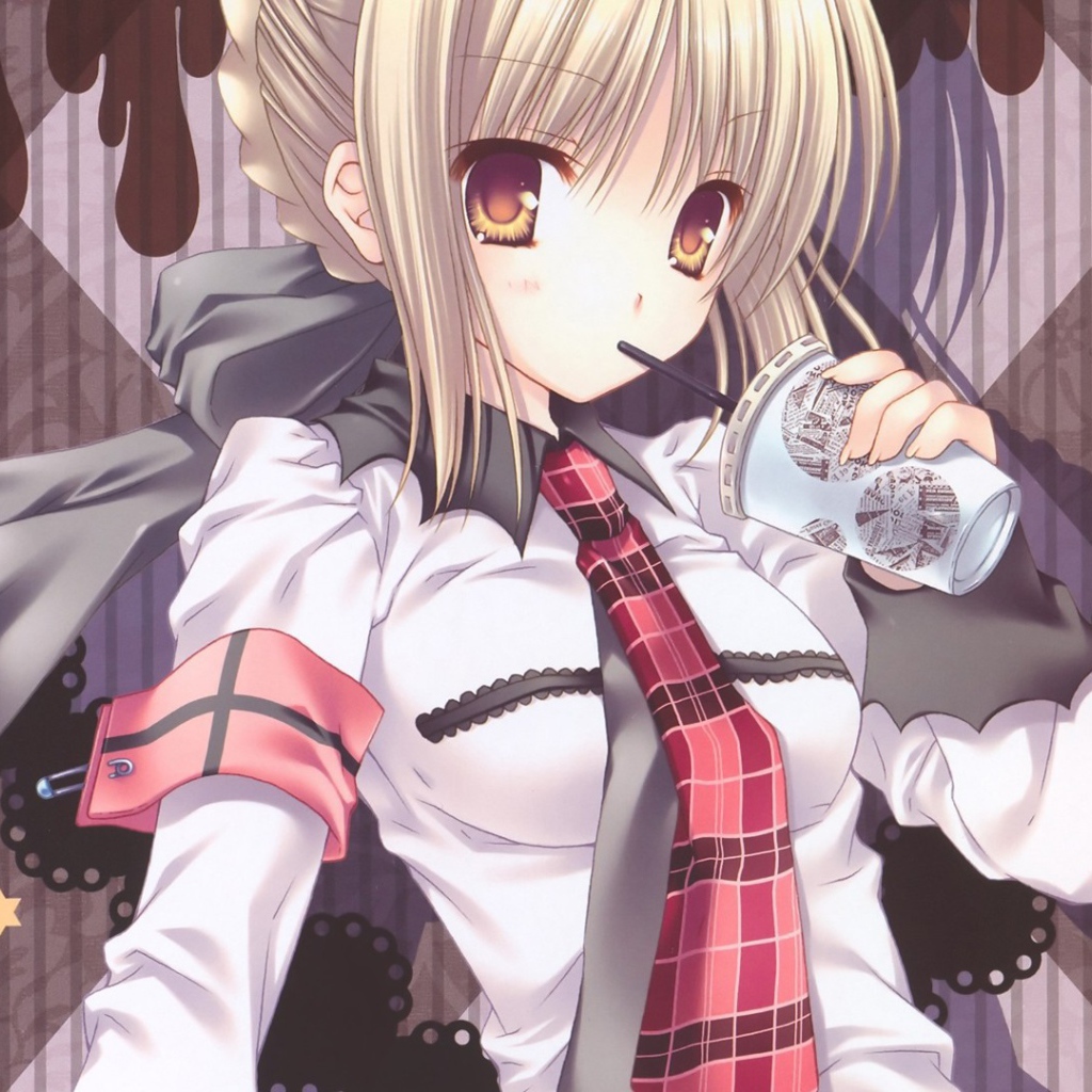 Девушка пьет напиток через соломинку, аниме Ночь прибытия