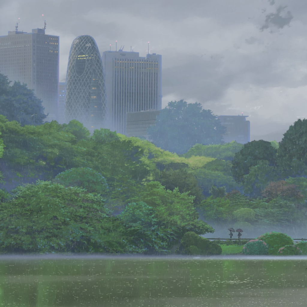 Небоскребы утопают в зелени, рисунок аниме