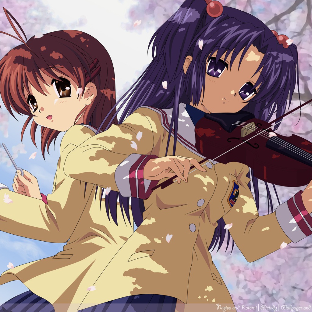 Дуэт играет на музыкальных инструментах, аниме Кланнад