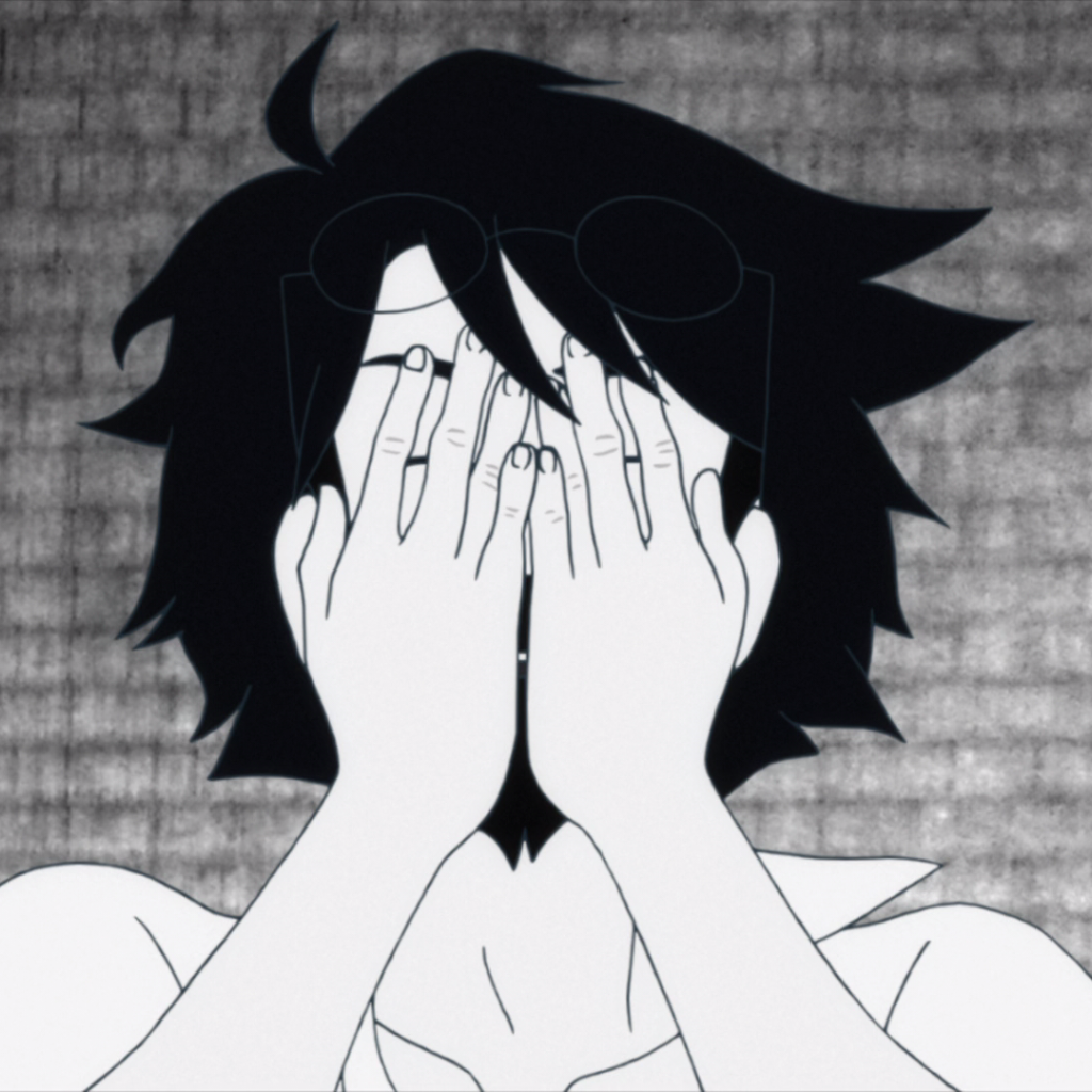 Девушка закрыла лицо в аниме The Tatami Galaxy