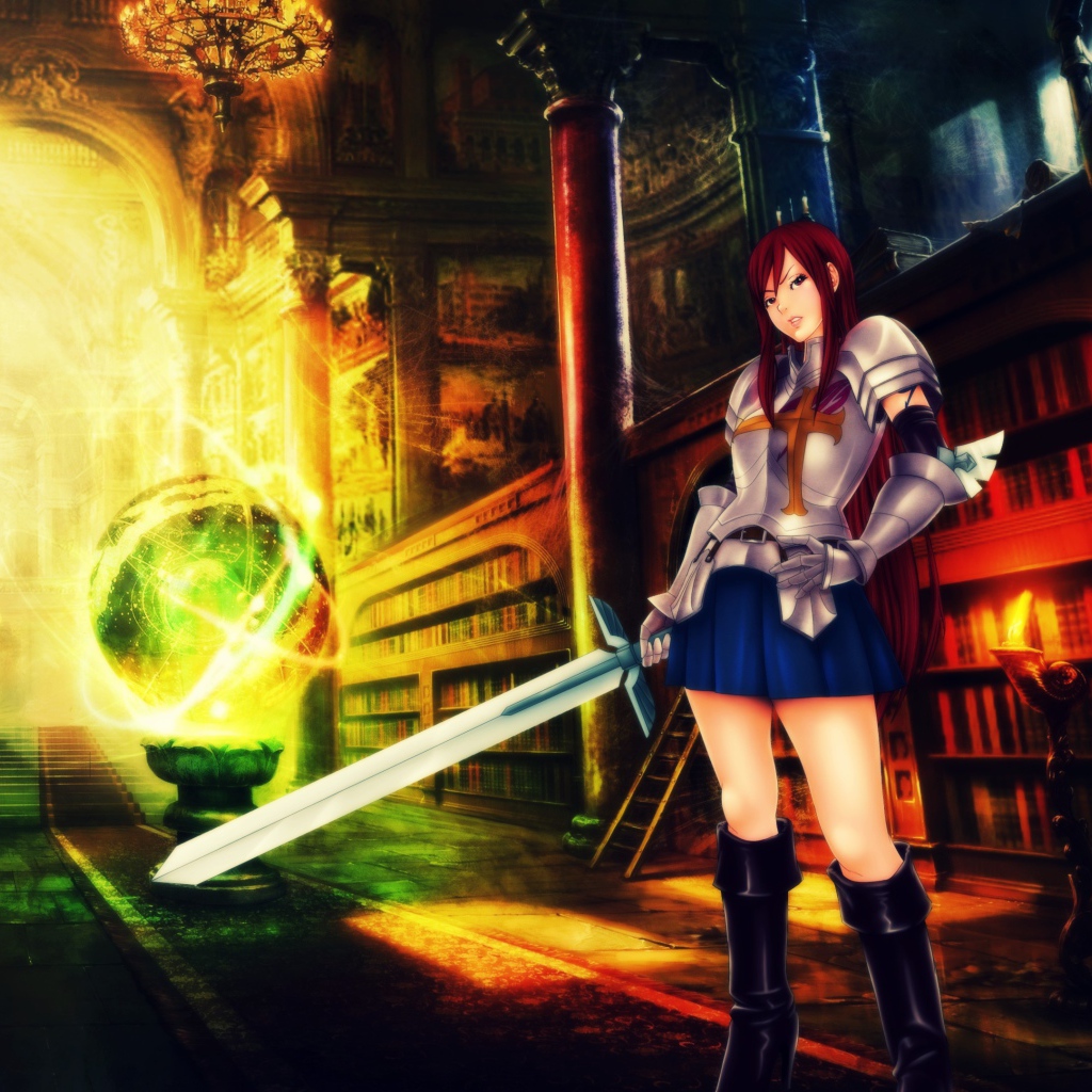 Девушка держит меч в руке, аниме Scarlet Erza