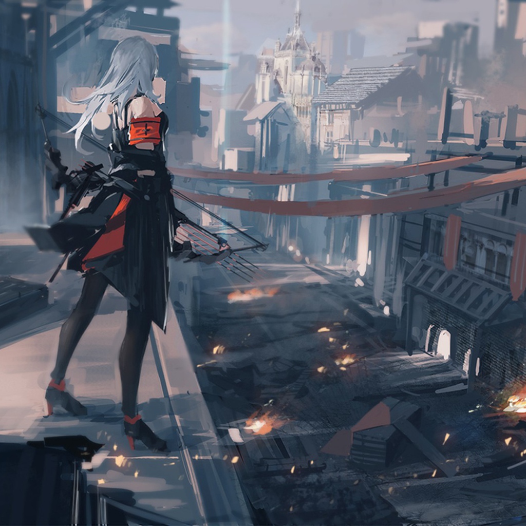 Девушка смотрит на город с высоты, аниме Pixiv Fantasia T