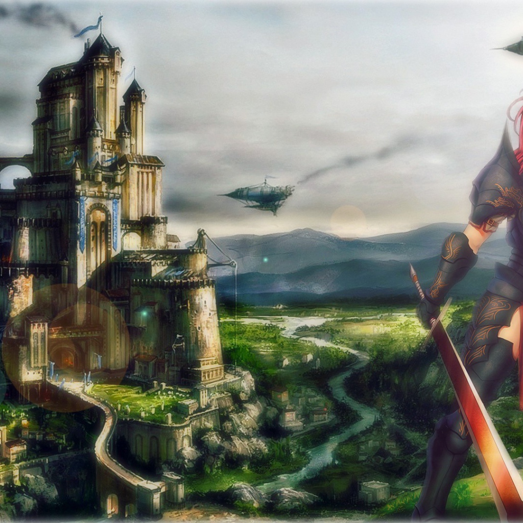 Девушка на фоне замка в аниме Сказка о хвосте феи