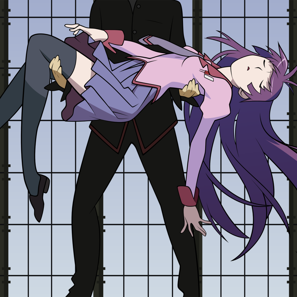 Парень держит девушку на руках в аниме Monogatari Series