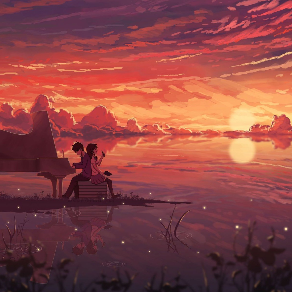 Парень играет на рояле для девушки, аниме