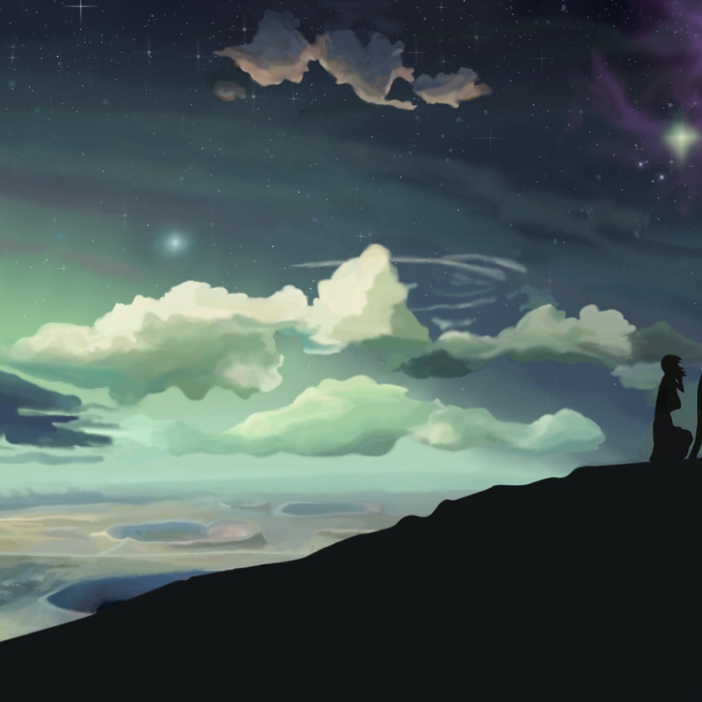 Силуэты двух человек на холме в аниме 5 Centimeters Per Second