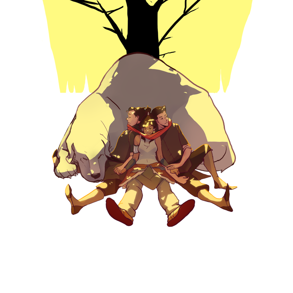 Три персонажа аниме Легенда о Корре спят у бока животного