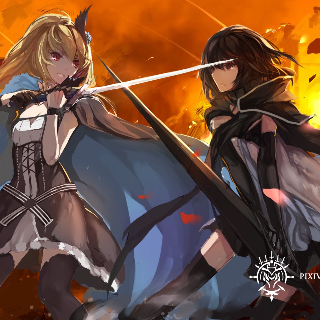 Две девушки на фоне огня, аниме Pixiv Fantasia
