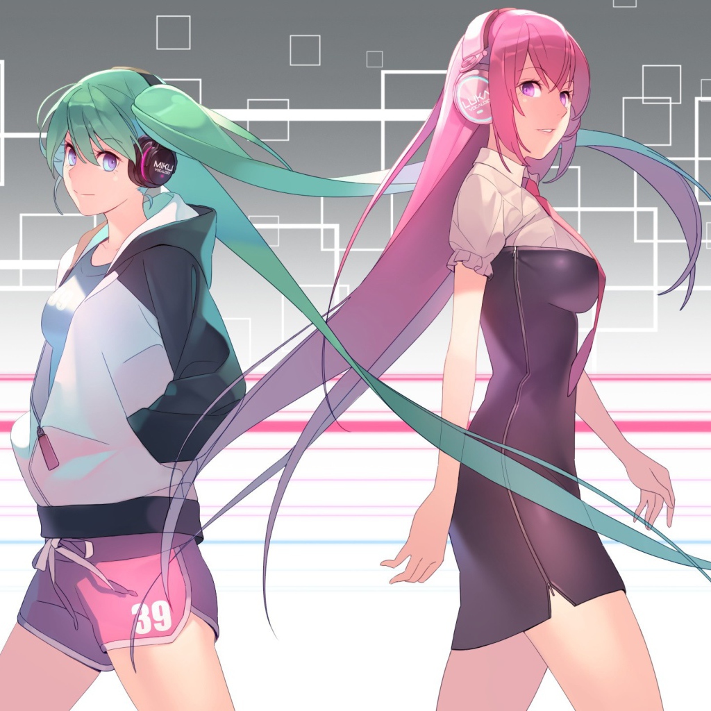 Вокалоиды с зелеными и розовыми волосами, аниме