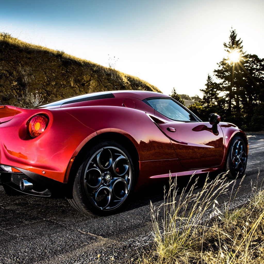 Красная Alfa Romeo 4C на повороте дороги