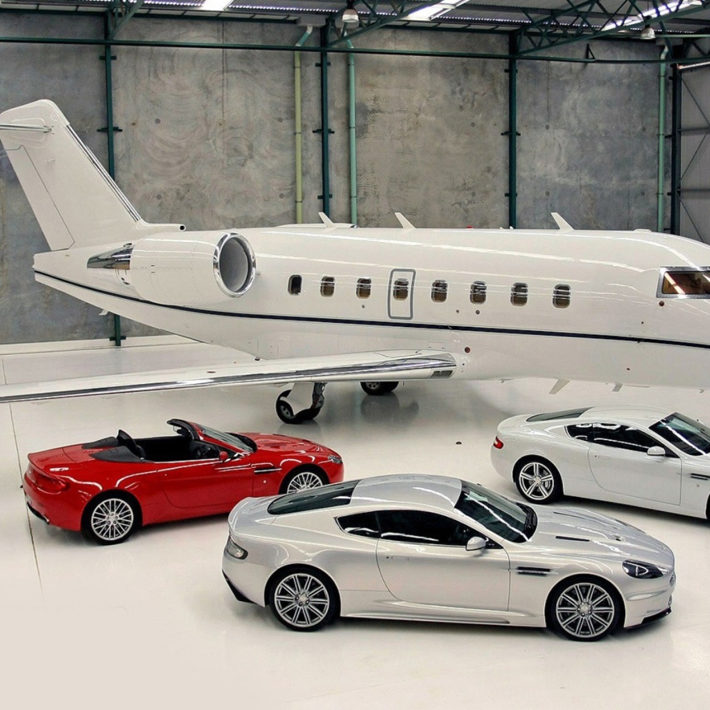 Автомобили Aston Martin в ангаре у частного самолета