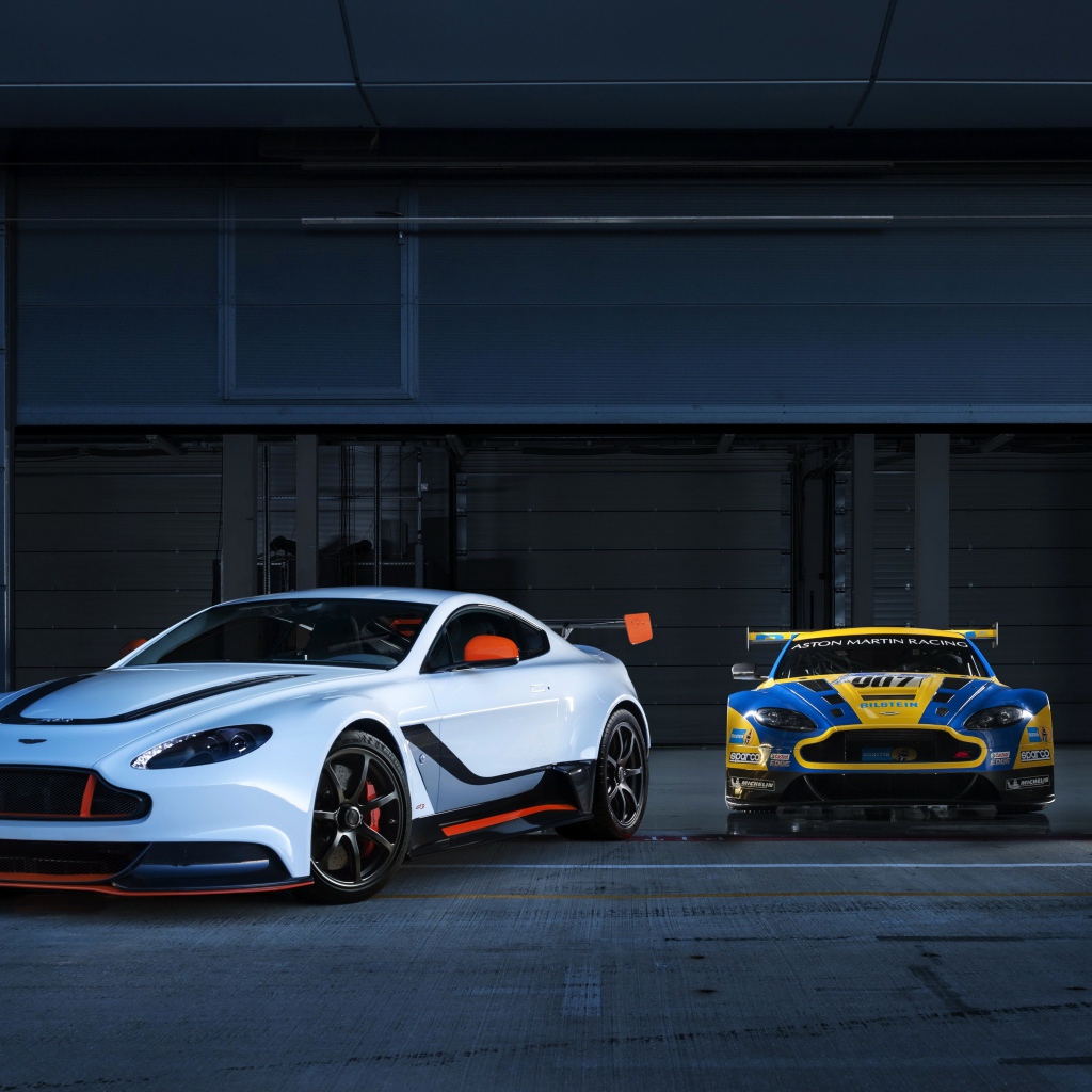 Два авто Aston Martin выезжают из гаража