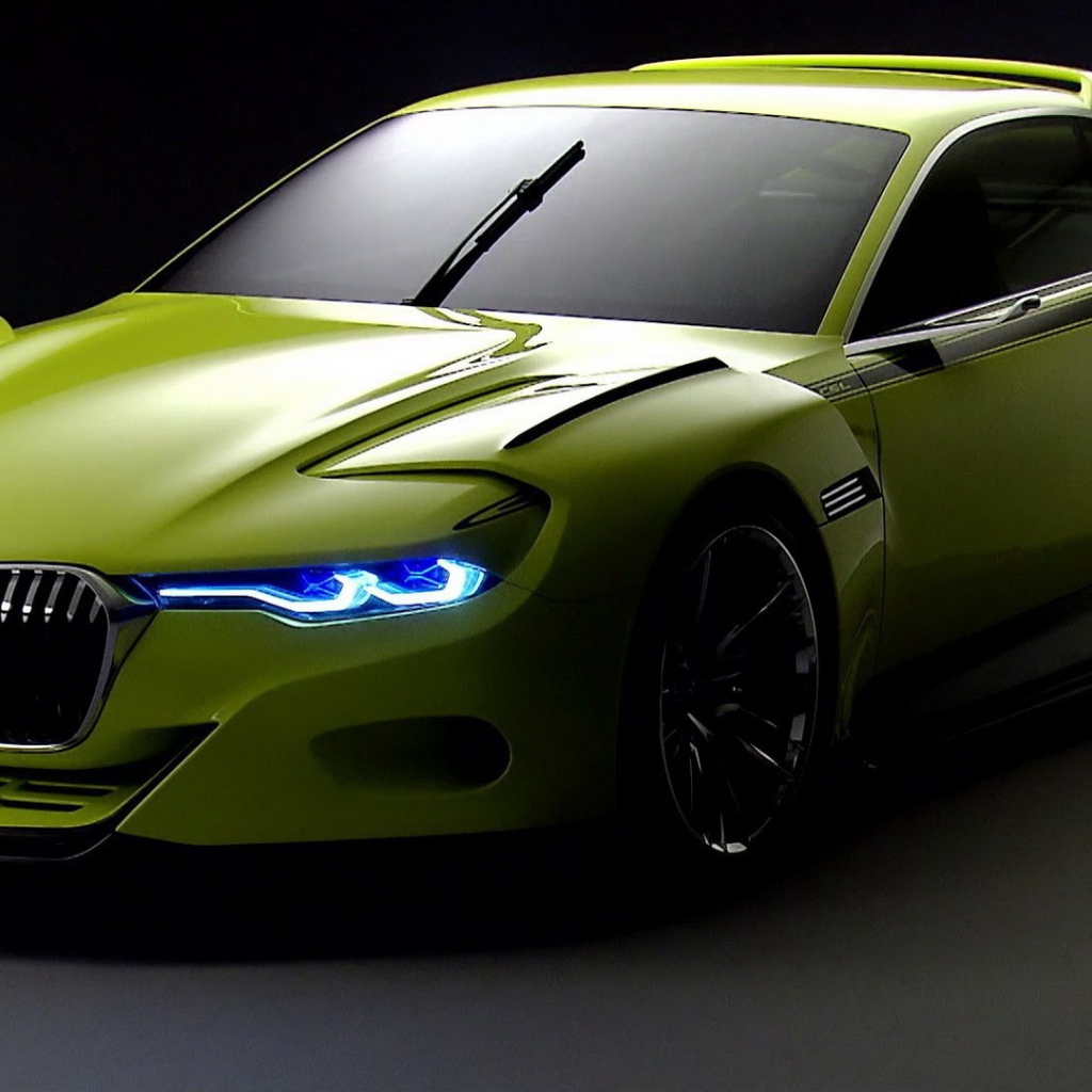 Светло зеленый БМВ, неоновые фары