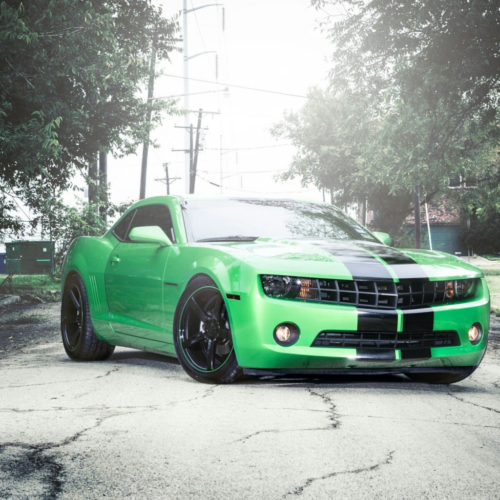 Зеленый Chevrolet Camaro на сером асфальте