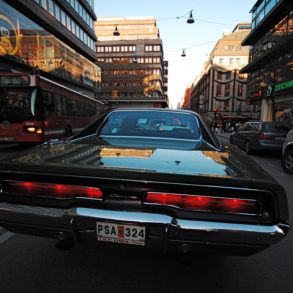 Car Dodge Charger RT 1969 on a city street