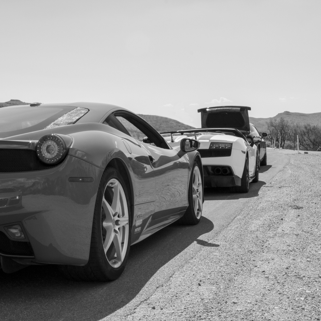 Черно белое фото автомобиля Ferrari 458