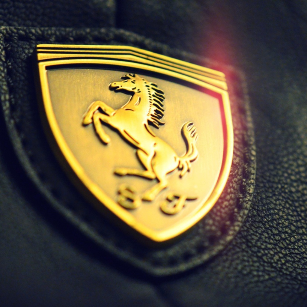 Золотой символ Ferrari на черной коже