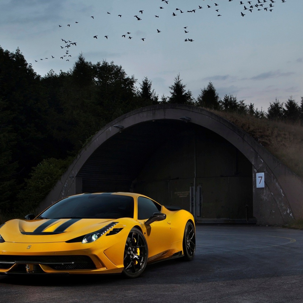 Желтый Ferrari 458 Speciale у входа в ангар