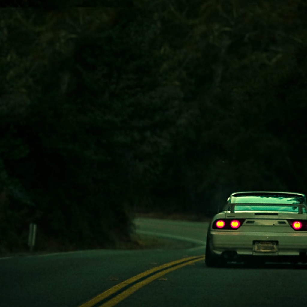 Nissan стоит на шоссе в лесу