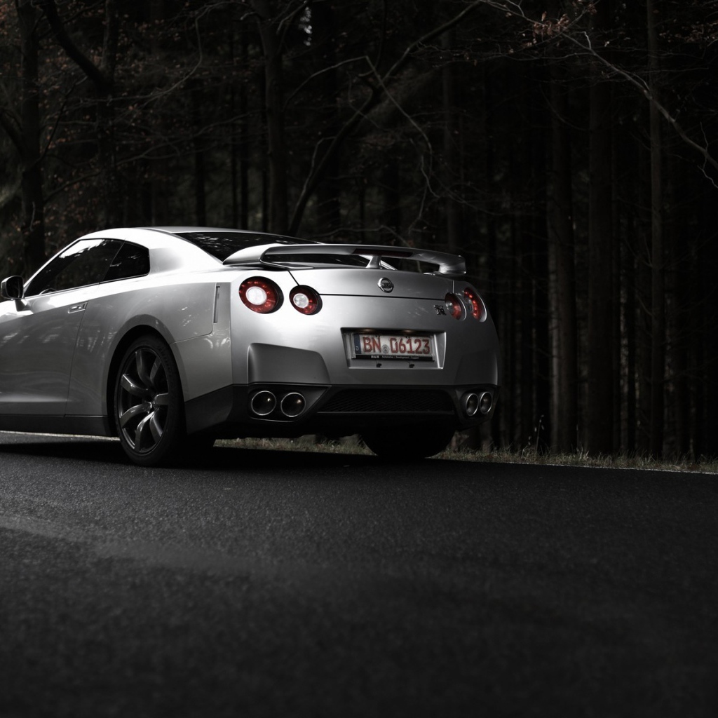 Серебристый Nissan GT-R на фоне темного леса