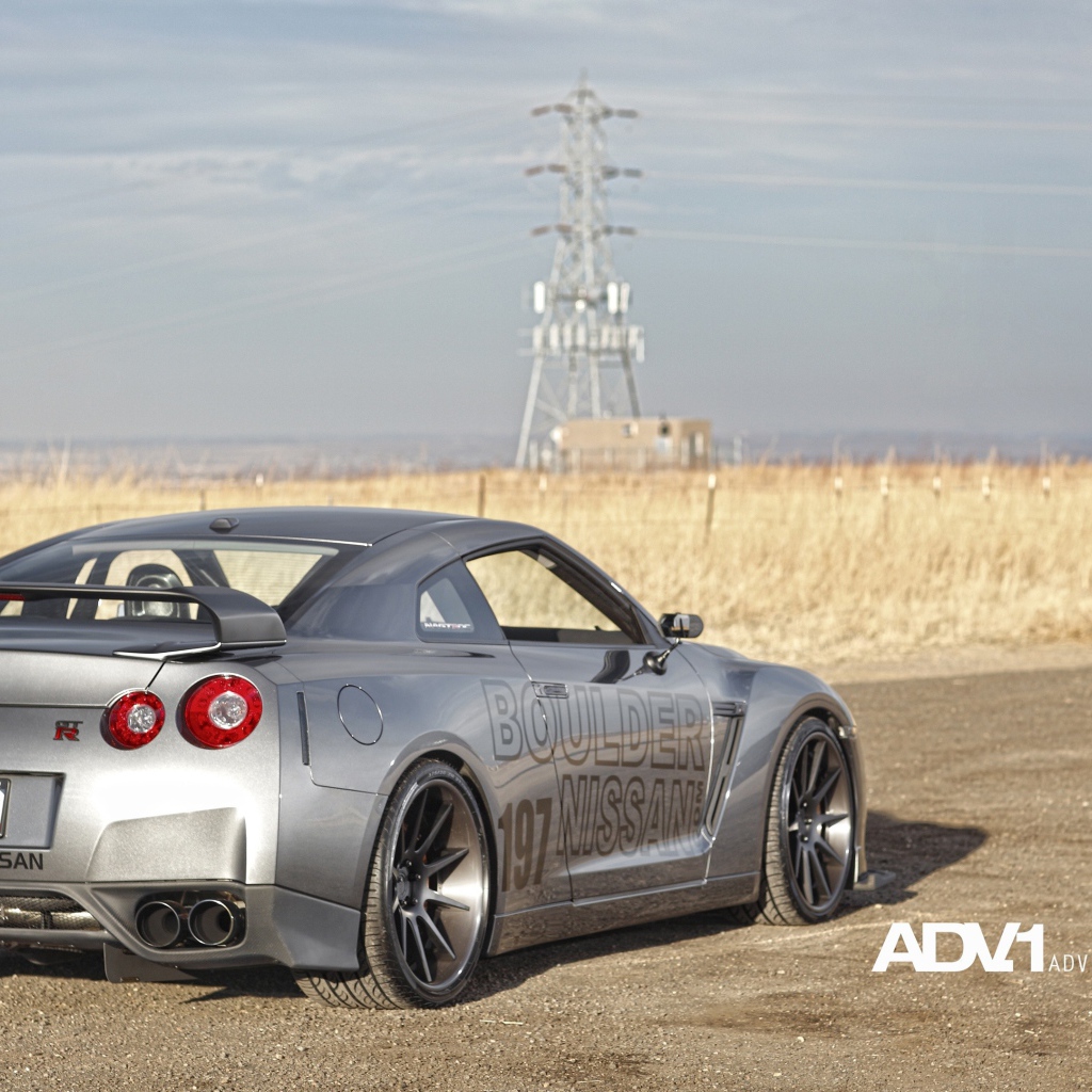 Серебристый спортивный Nissan GT-R на фоне поля