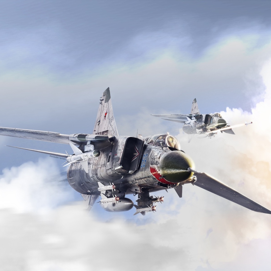 Два истребителя Миг-23 в облаках