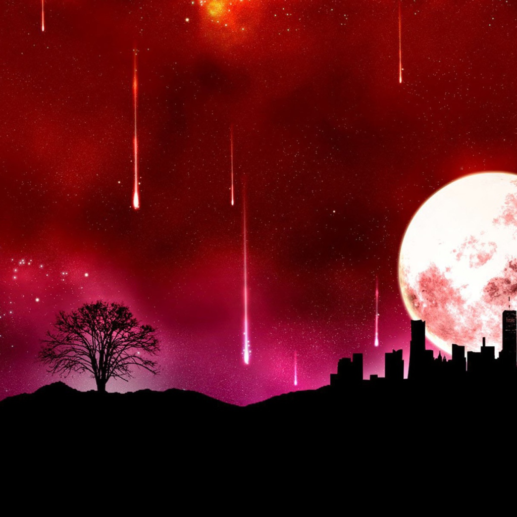 Огромная луна и падающие звезды, красный фон