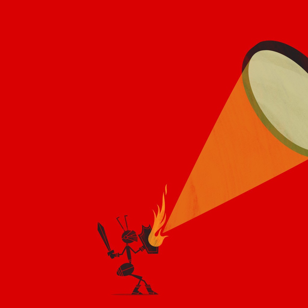 Муравей защищается от луча, красный фон