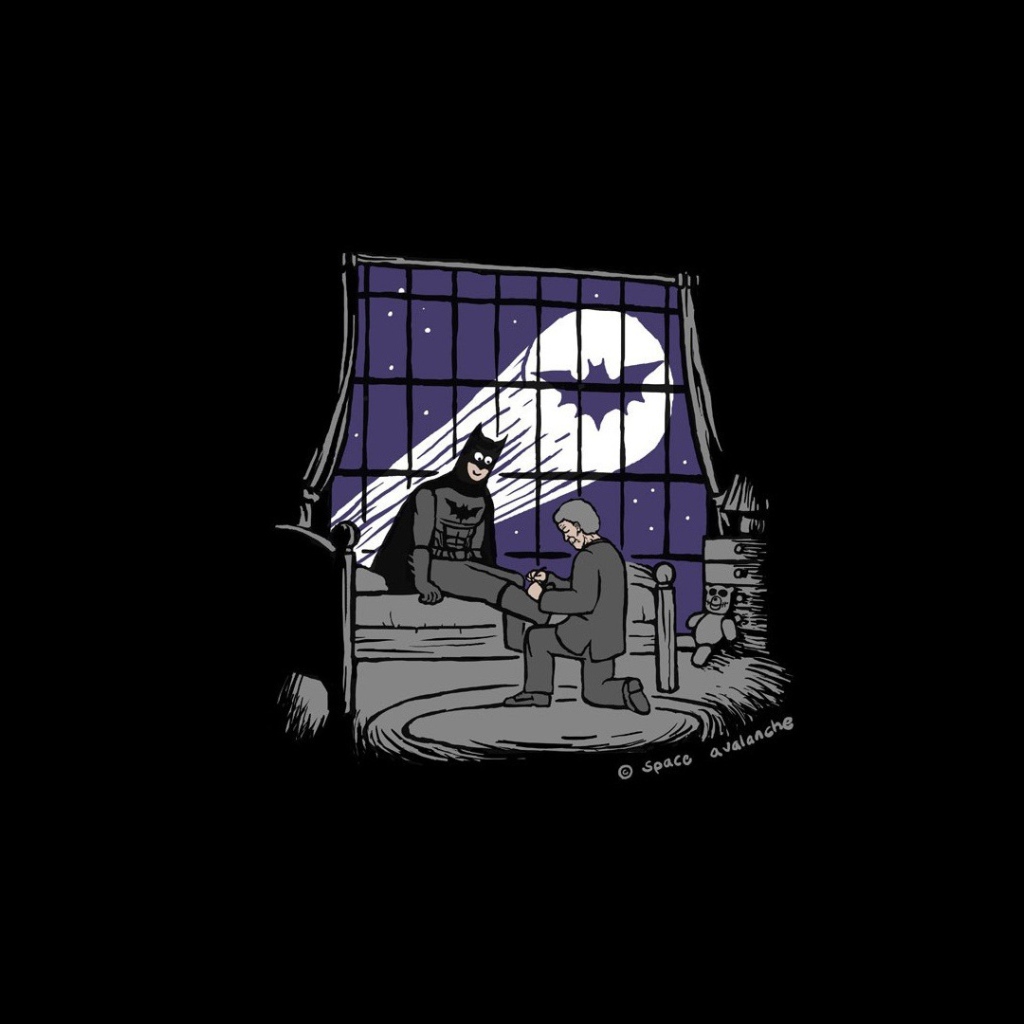 Помощник завязывает Бетману шнурки, черный фон