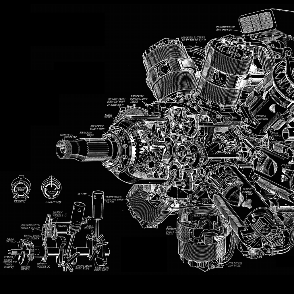 Чертеж мощного двигателя на черном фоне