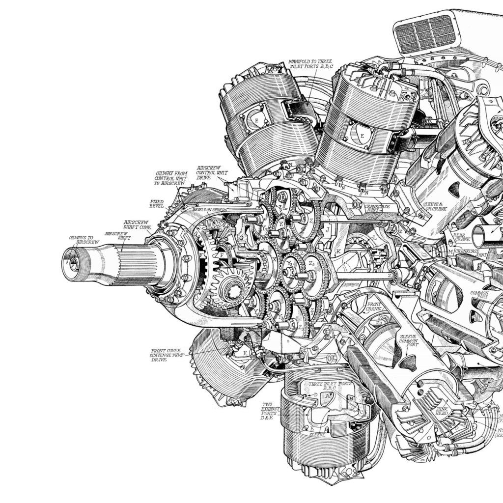 Чертеж мощного двигателя на белом фоне