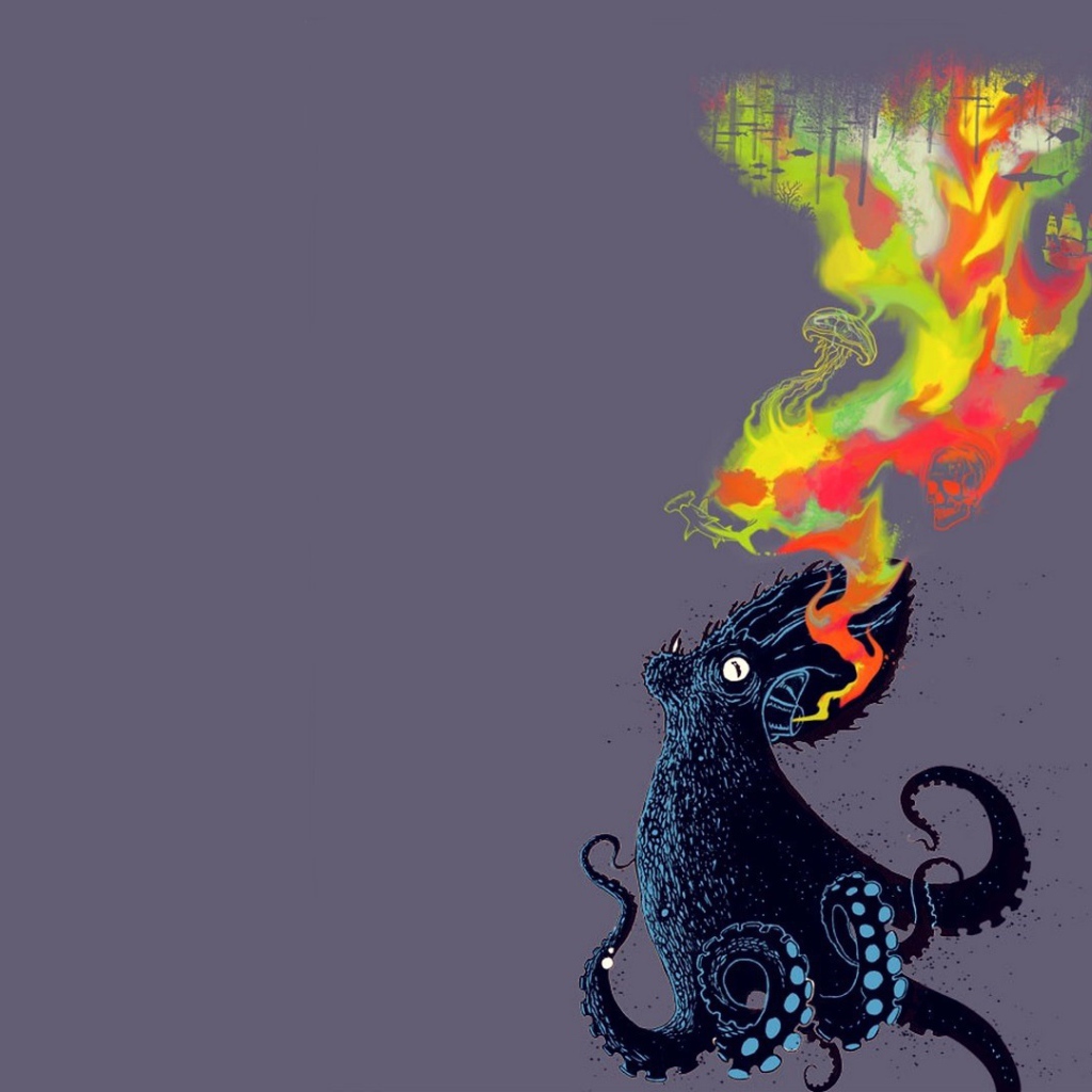 Огнедышащий осьминог, серый фон