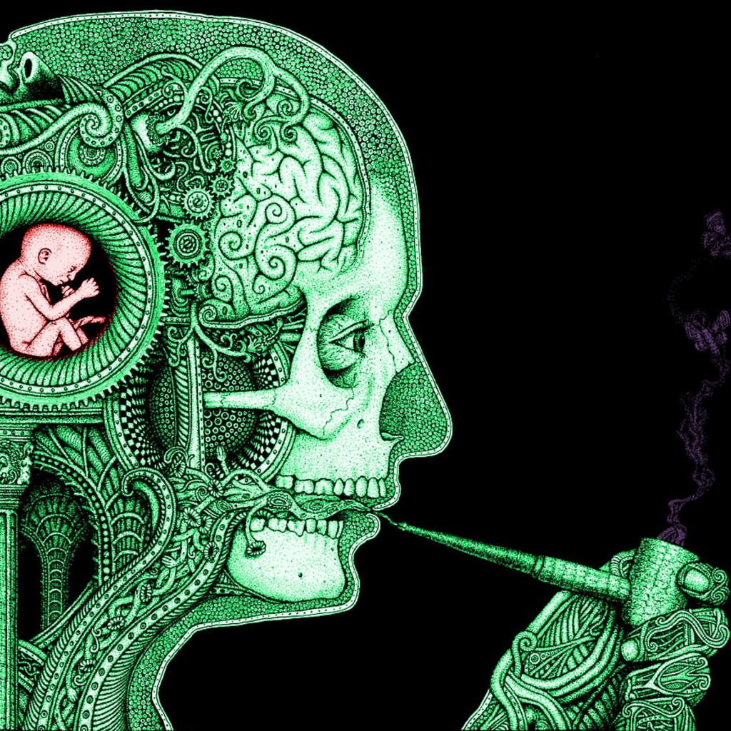 Зеленый силуэт курящего человека на черном фоне