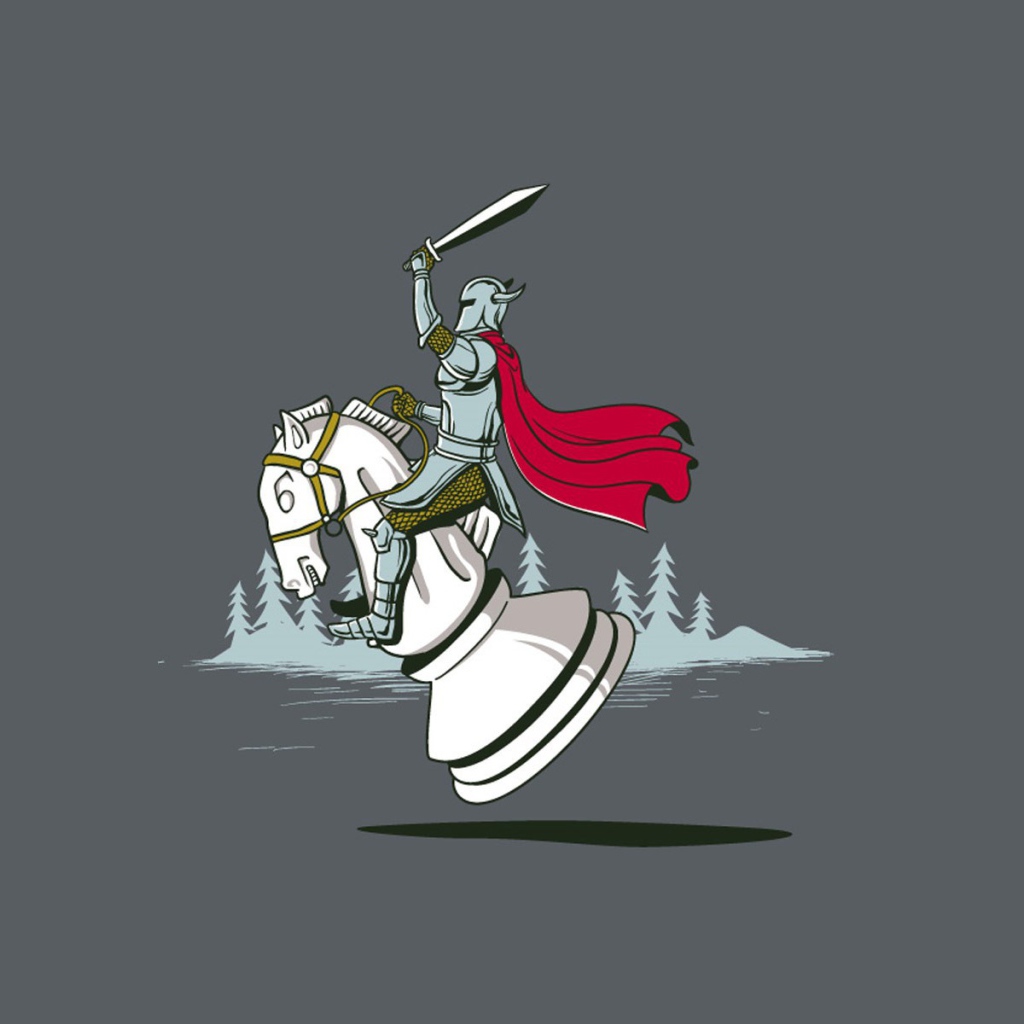 Рыцарь скачет на шахматном коне, серый фон