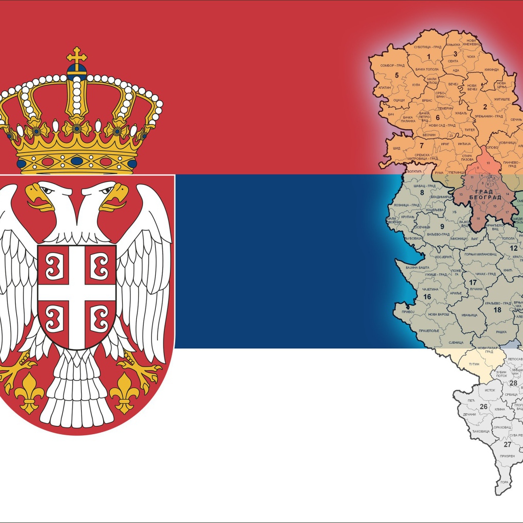Карта, флаг и герб Сербии