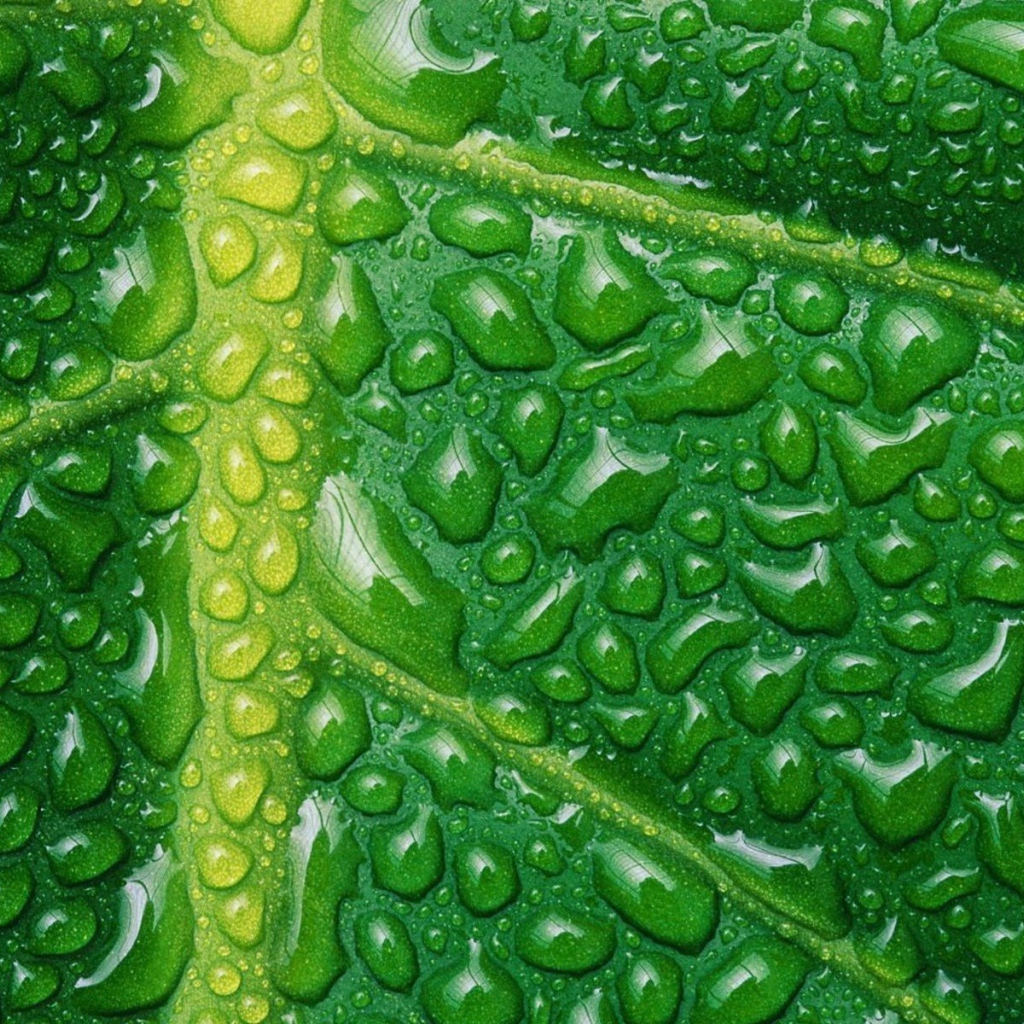 Влага на жилках листа, зеленый фон