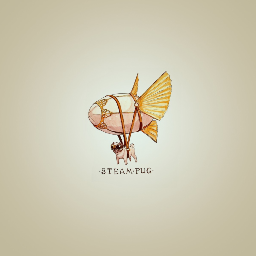 Мопс на дирижабле, серый фон