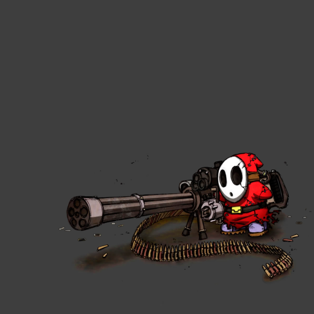 Санта в маске в пулеметом, серый фон